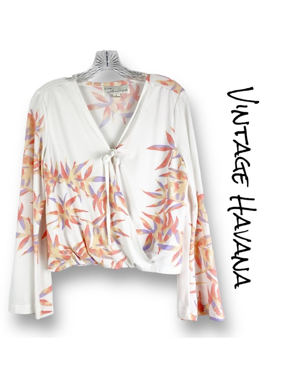 Vintage Havana Tropical Faux Wrap Blouse White Womens Size Small